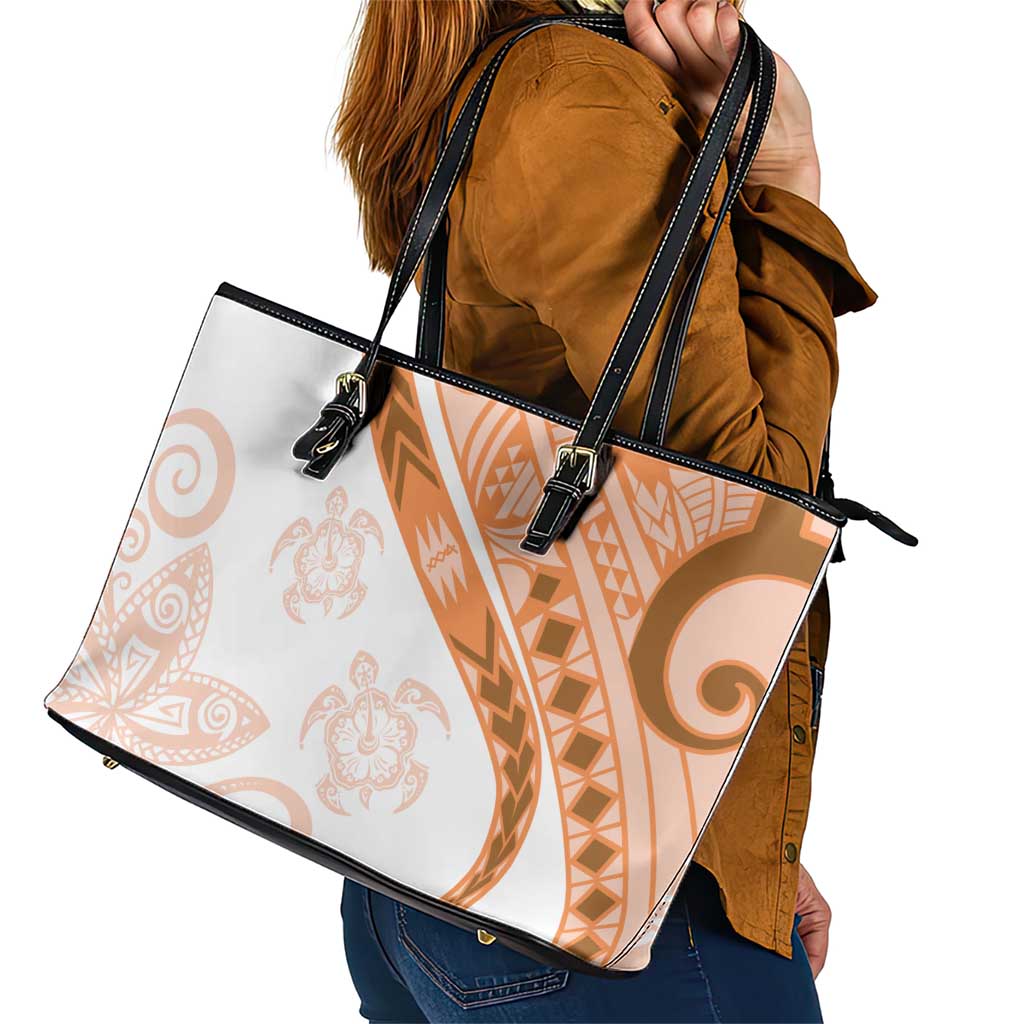Orange Polynesian Tribal Turtle Floral Pattern Leather Tote Bag LT05 - Polynesian Pride