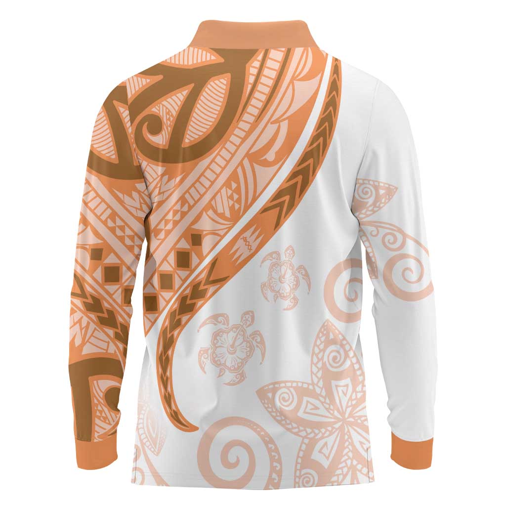Orange Polynesian Tribal Turtle Floral Pattern Long Sleeve Polo Shirt