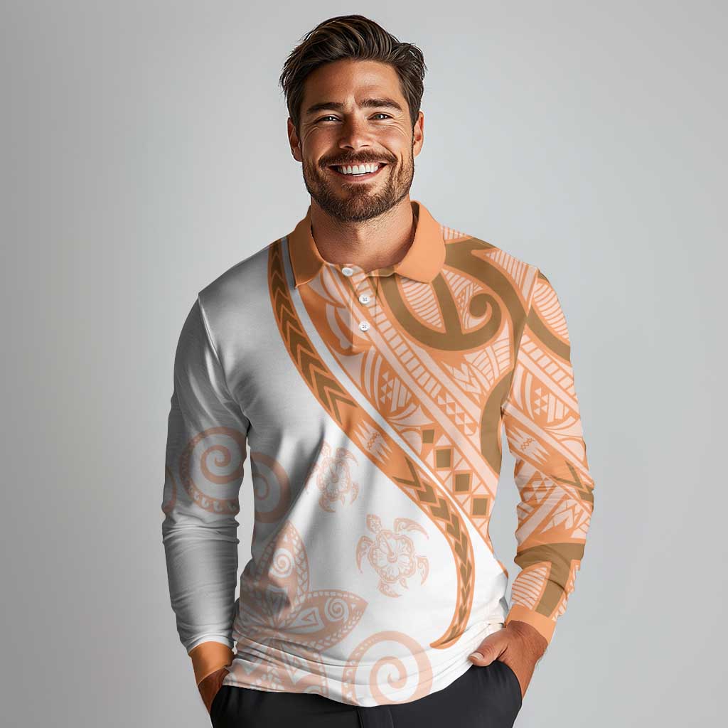 Orange Polynesian Tribal Turtle Floral Pattern Long Sleeve Polo Shirt