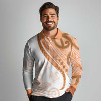 Orange Polynesian Tribal Turtle Floral Pattern Long Sleeve Polo Shirt