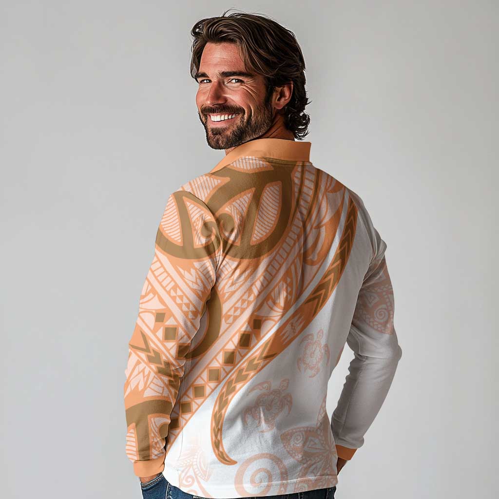 Orange Polynesian Tribal Turtle Floral Pattern Long Sleeve Polo Shirt