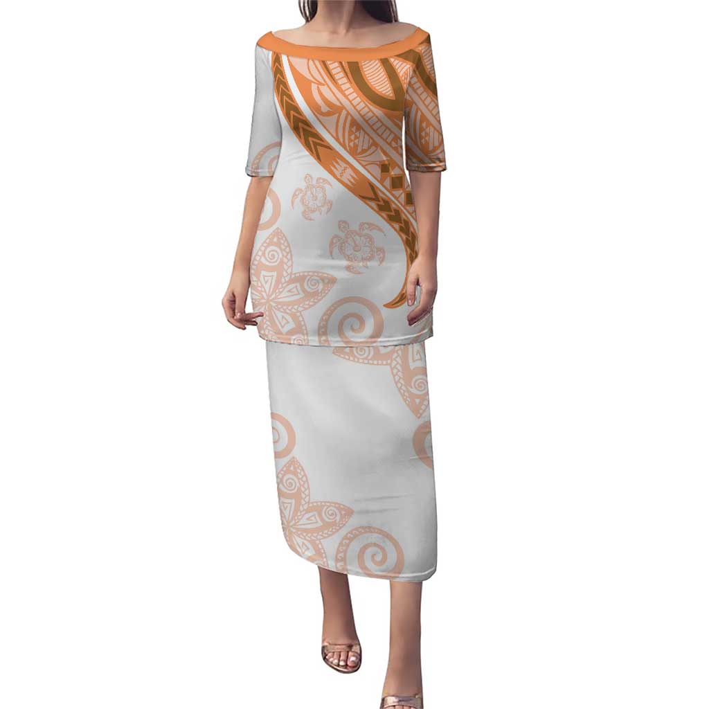 Orange Polynesian Tribal Turtle Floral Pattern Puletasi LT05 Long Dress Orange - Polynesian Pride