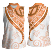 Orange Polynesian Tribal Turtle Floral Pattern Women Sleeveless Polo Shirt