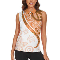 Orange Polynesian Tribal Turtle Floral Pattern Women Sleeveless Polo Shirt