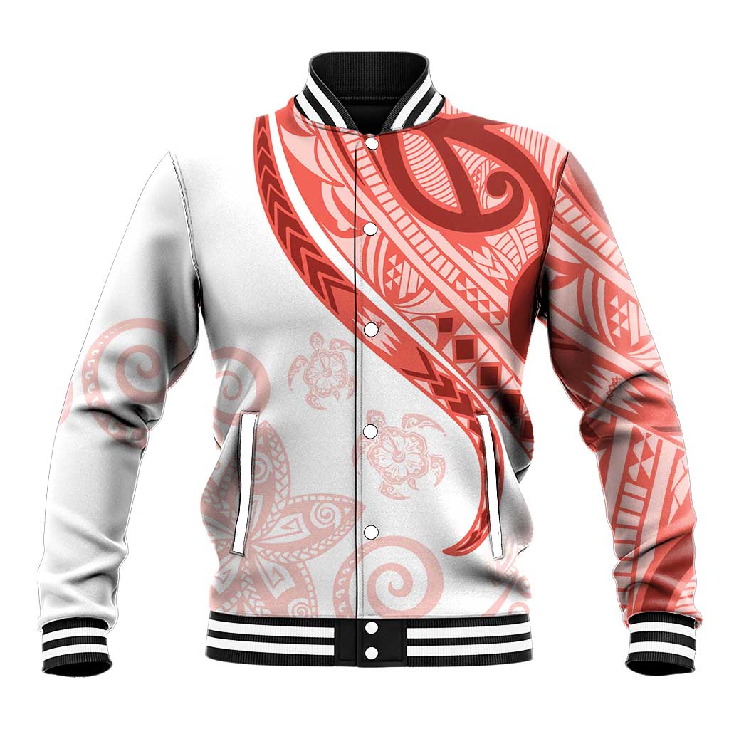 Coral Red Polynesian Tribal Turtle Floral Pattern Baseball Jacket LT05 Unisex Red - Polynesian Pride