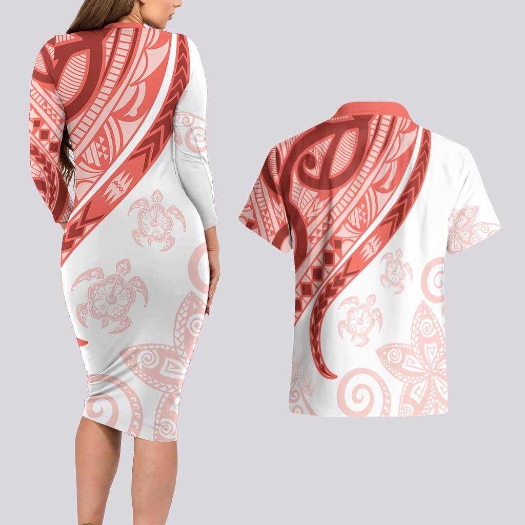 Coral Red Polynesian Tribal Turtle Floral Pattern Couples Matching Long Sleeve Bodycon Dress and Hawaiian Shirt