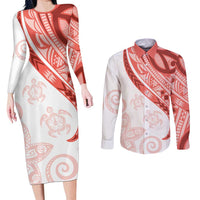 Coral Red Polynesian Tribal Turtle Floral Pattern Couples Matching Long Sleeve Bodycon Dress and Long Sleeve Button Shirt LT05 Red - Polynesian Pride
