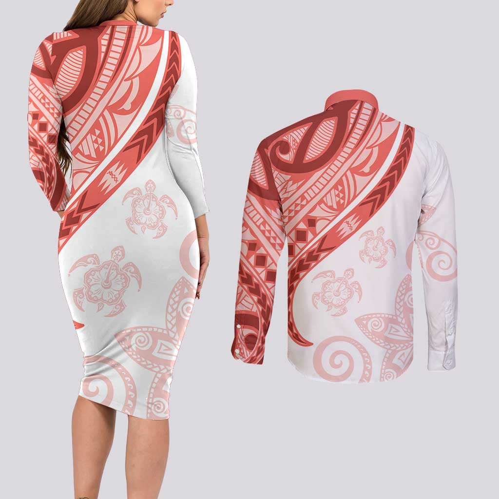 Coral Red Polynesian Tribal Turtle Floral Pattern Couples Matching Long Sleeve Bodycon Dress and Long Sleeve Button Shirt LT05 - Polynesian Pride