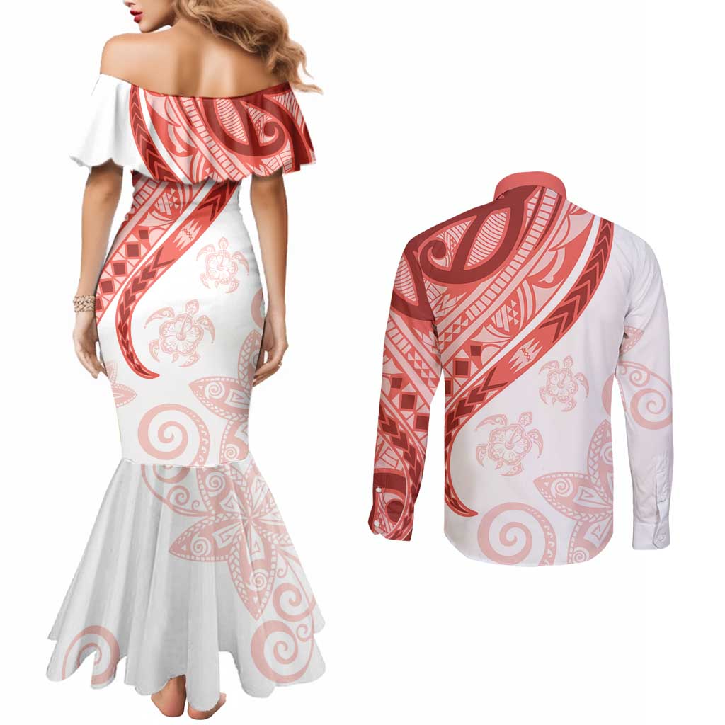 Coral Red Polynesian Tribal Turtle Floral Pattern Couples Matching Mermaid Dress and Long Sleeve Button Shirt LT05 - Polynesian Pride