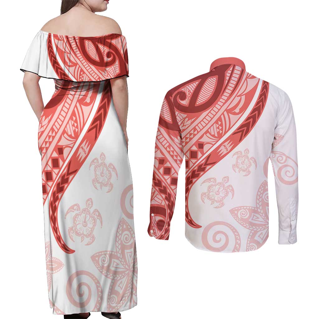 Coral Red Polynesian Tribal Turtle Floral Pattern Couples Matching Off Shoulder Maxi Dress and Long Sleeve Button Shirt LT05 - Polynesian Pride