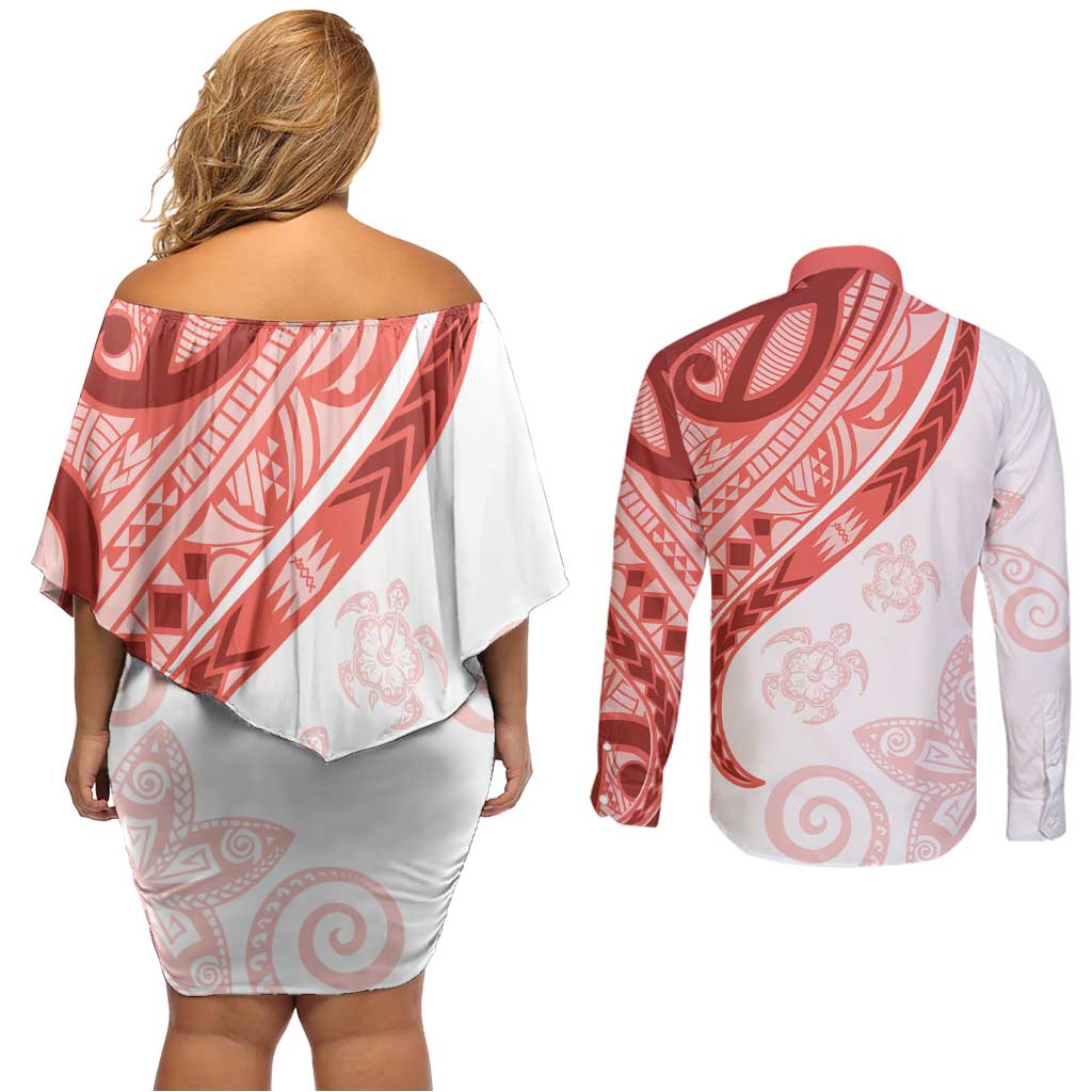 Coral Red Polynesian Tribal Turtle Floral Pattern Couples Matching Off Shoulder Short Dress and Long Sleeve Button Shirt LT05 - Polynesian Pride