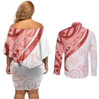 Coral Red Polynesian Tribal Turtle Floral Pattern Couples Matching Off Shoulder Short Dress and Long Sleeve Button Shirt LT05 - Polynesian Pride