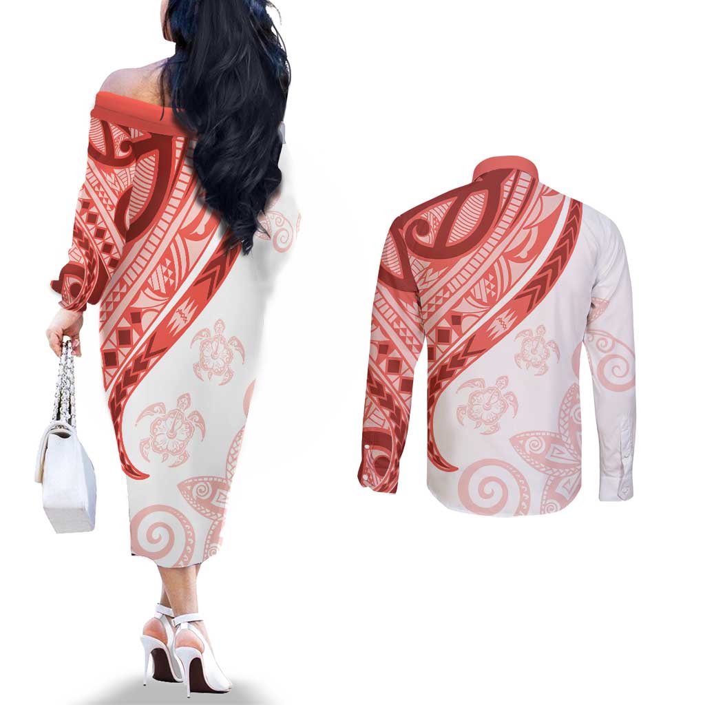 Coral Red Polynesian Tribal Turtle Floral Pattern Couples Matching Off The Shoulder Long Sleeve Dress and Long Sleeve Button Shirt LT05 - Polynesian Pride
