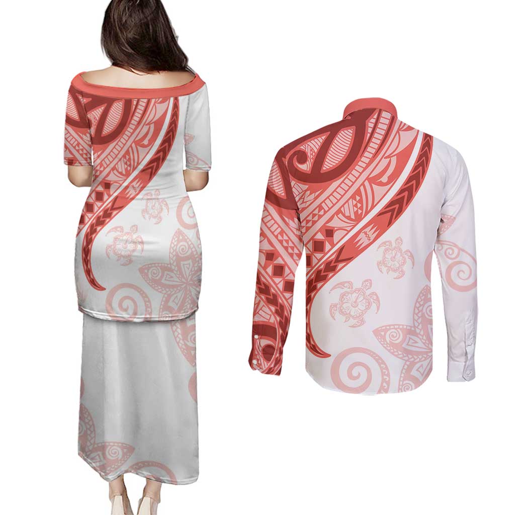 Coral Red Polynesian Tribal Turtle Floral Pattern Couples Matching Puletasi and Long Sleeve Button Shirt LT05 - Polynesian Pride