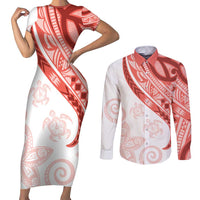 Coral Red Polynesian Tribal Turtle Floral Pattern Couples Matching Short Sleeve Bodycon Dress and Long Sleeve Button Shirt LT05 Red - Polynesian Pride