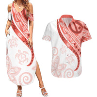 Coral Red Polynesian Tribal Turtle Floral Pattern Couples Matching Summer Maxi Dress and Hawaiian Shirt LT05 Red - Polynesian Pride
