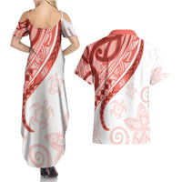 Coral Red Polynesian Tribal Turtle Floral Pattern Couples Matching Summer Maxi Dress and Hawaiian Shirt LT05 - Polynesian Pride