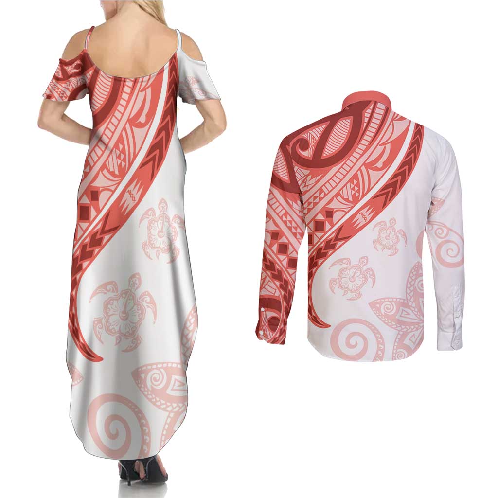 Coral Red Polynesian Tribal Turtle Floral Pattern Couples Matching Summer Maxi Dress and Long Sleeve Button Shirt LT05 - Polynesian Pride