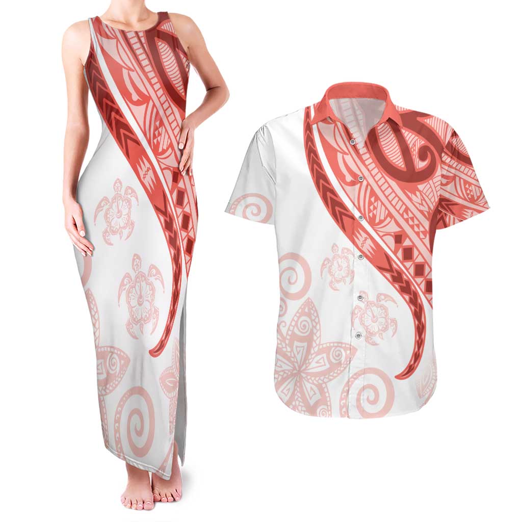 Coral Red Polynesian Tribal Turtle Floral Pattern Couples Matching Tank Maxi Dress and Hawaiian Shirt LT05 Red - Polynesian Pride