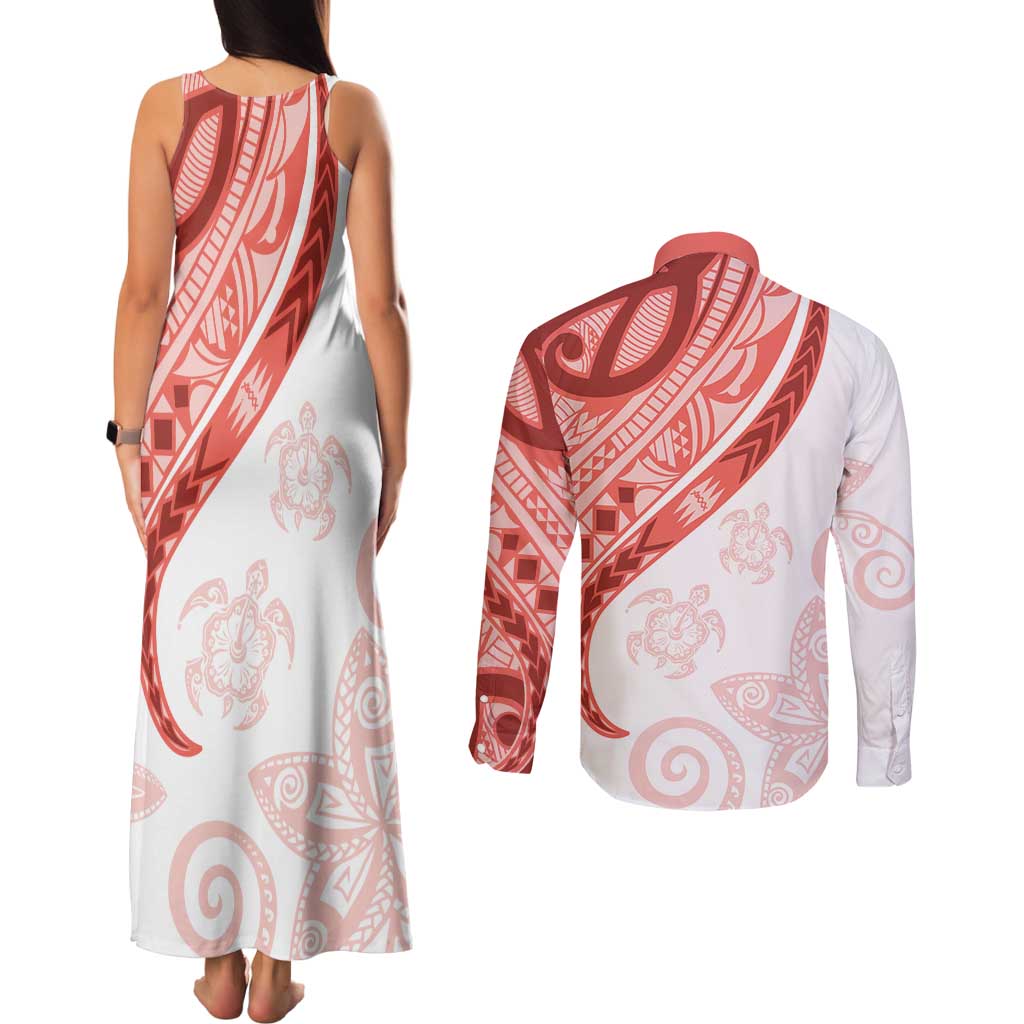 Coral Red Polynesian Tribal Turtle Floral Pattern Couples Matching Tank Maxi Dress and Long Sleeve Button Shirt LT05 - Polynesian Pride