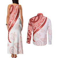 Coral Red Polynesian Tribal Turtle Floral Pattern Couples Matching Tank Maxi Dress and Long Sleeve Button Shirt LT05 - Polynesian Pride