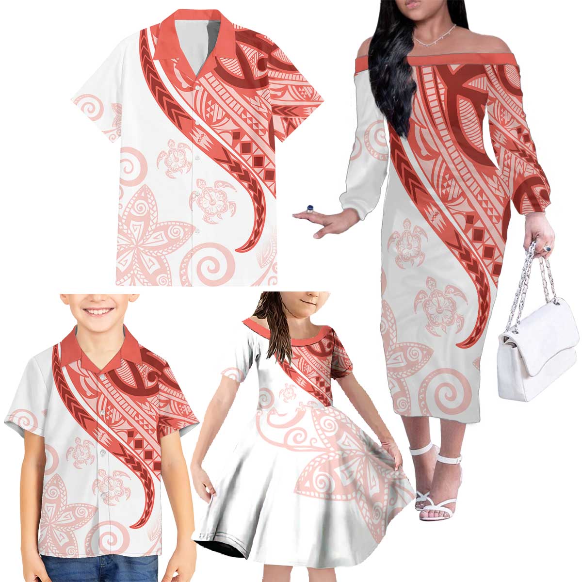 Coral Red Polynesian Tribal Turtle Floral Pattern Family Matching Off The Shoulder Long Sleeve Dress and Hawaiian Shirt