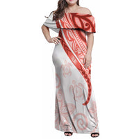 Coral Red Polynesian Tribal Turtle Floral Pattern Family Matching Off Shoulder Maxi Dress and Hawaiian Shirt