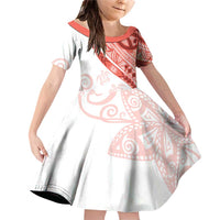 Coral Red Polynesian Tribal Turtle Floral Pattern Family Matching Off Shoulder Short Dress and Hawaiian Shirt