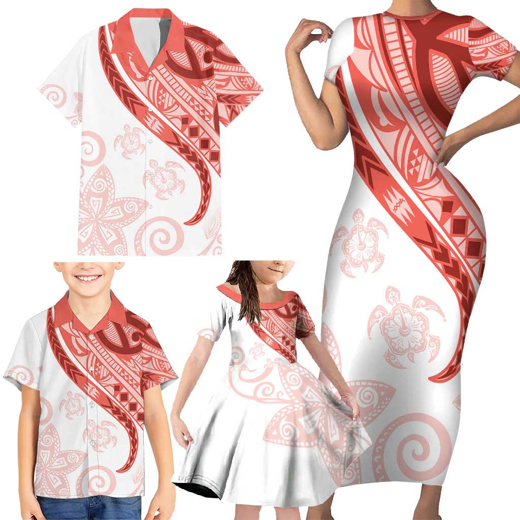 Coral Red Polynesian Tribal Turtle Floral Pattern Family Matching Short Sleeve Bodycon Dress and Hawaiian Shirt