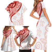 Coral Red Polynesian Tribal Turtle Floral Pattern Family Matching Short Sleeve Bodycon Dress and Hawaiian Shirt