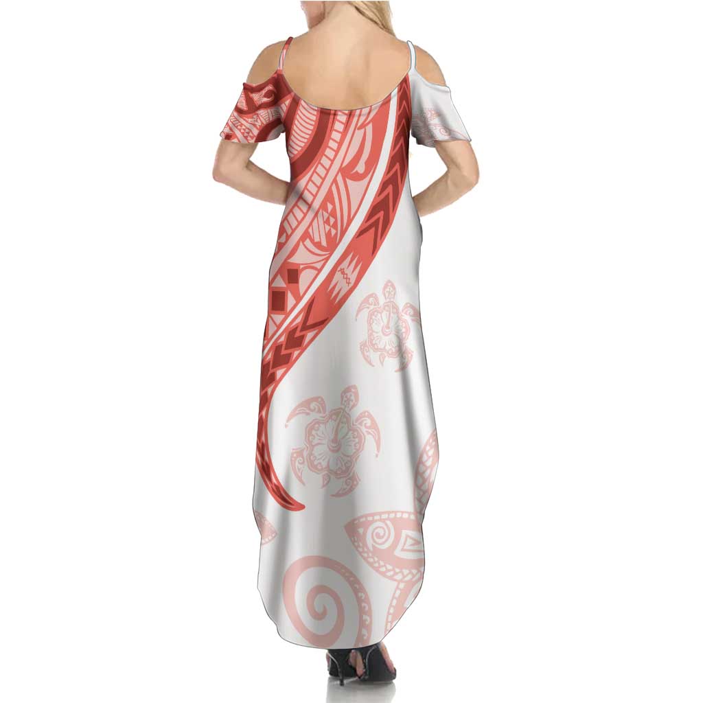 Coral Red Polynesian Tribal Turtle Floral Pattern Family Matching Summer Maxi Dress and Hawaiian Shirt