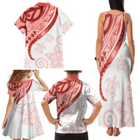 Coral Red Polynesian Tribal Turtle Floral Pattern Family Matching Tank Maxi Dress and Hawaiian Shirt