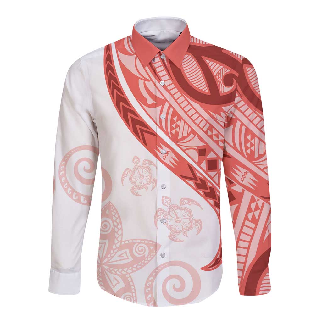 Coral Red Polynesian Tribal Turtle Floral Pattern Long Sleeve Button Shirt