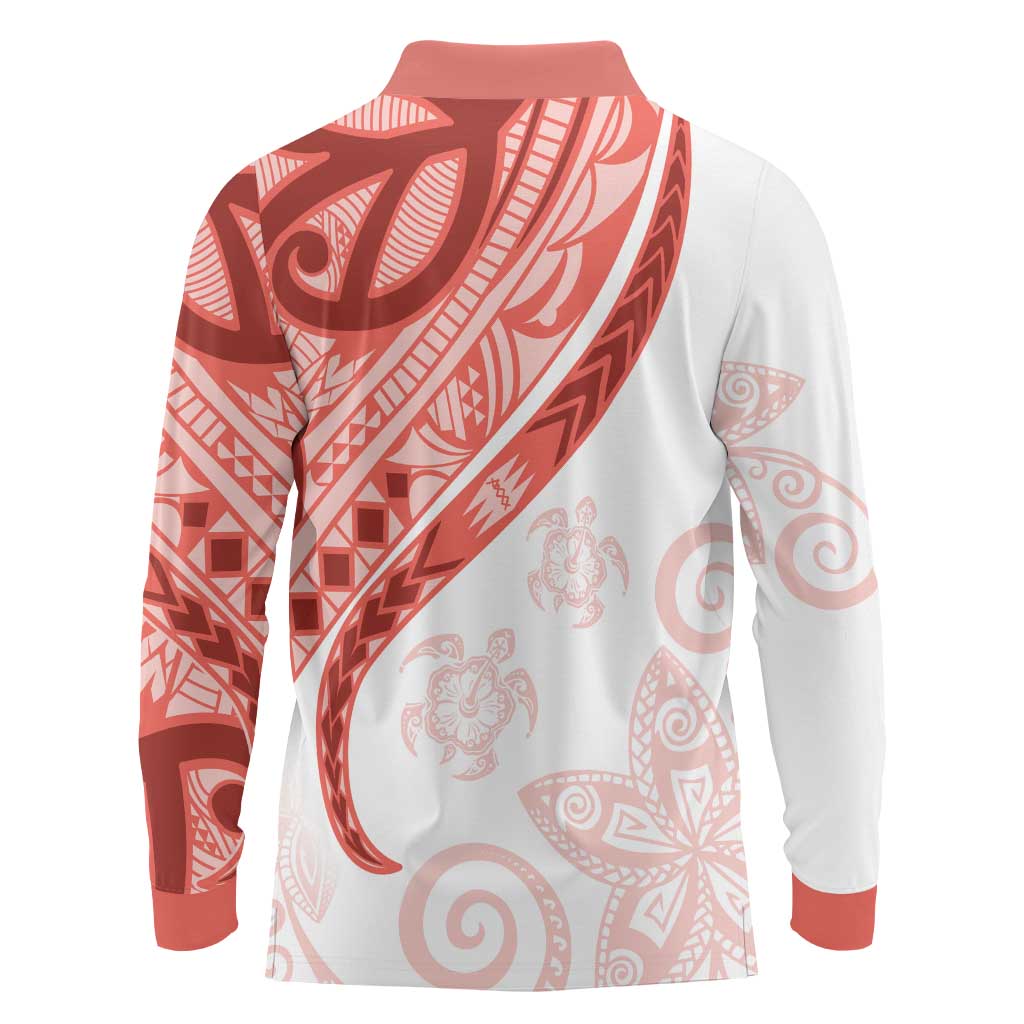 Coral Red Polynesian Tribal Turtle Floral Pattern Long Sleeve Polo Shirt