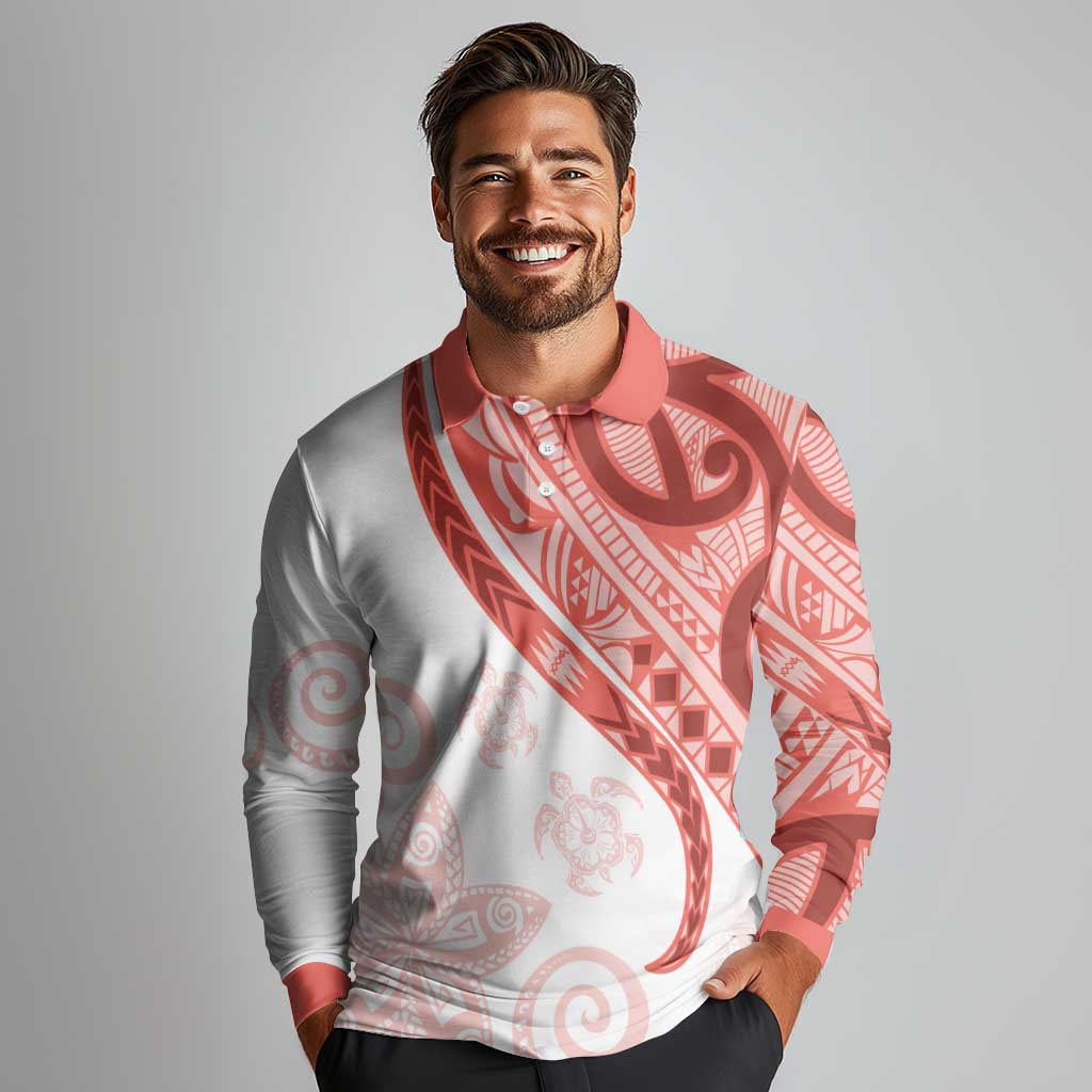 Coral Red Polynesian Tribal Turtle Floral Pattern Long Sleeve Polo Shirt