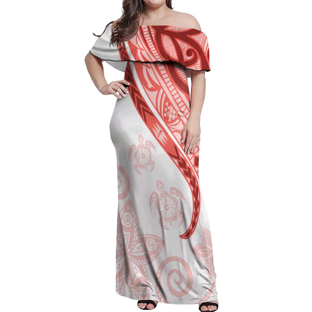 Coral Red Polynesian Tribal Turtle Floral Pattern Off Shoulder Maxi Dress LT05 Women Red - Polynesian Pride