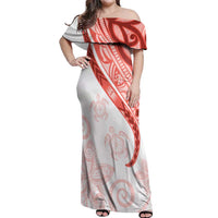 Coral Red Polynesian Tribal Turtle Floral Pattern Off Shoulder Maxi Dress LT05 Women Red - Polynesian Pride