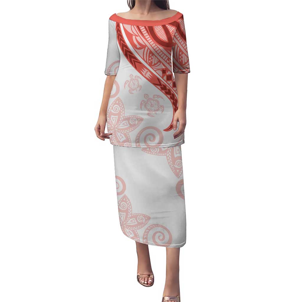 Coral Red Polynesian Tribal Turtle Floral Pattern Puletasi LT05 Long Dress Red - Polynesian Pride