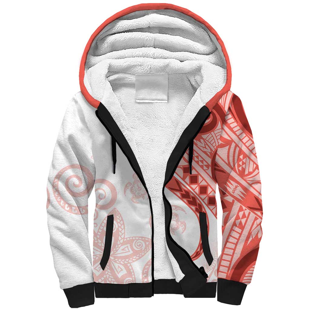 Coral Red Polynesian Tribal Turtle Floral Pattern Sherpa Hoodie LT05 Unisex Red - Polynesian Pride