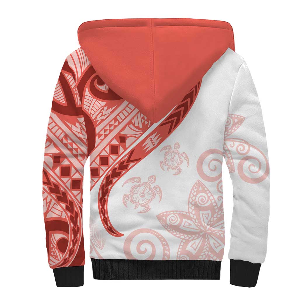Coral Red Polynesian Tribal Turtle Floral Pattern Sherpa Hoodie LT05 - Polynesian Pride