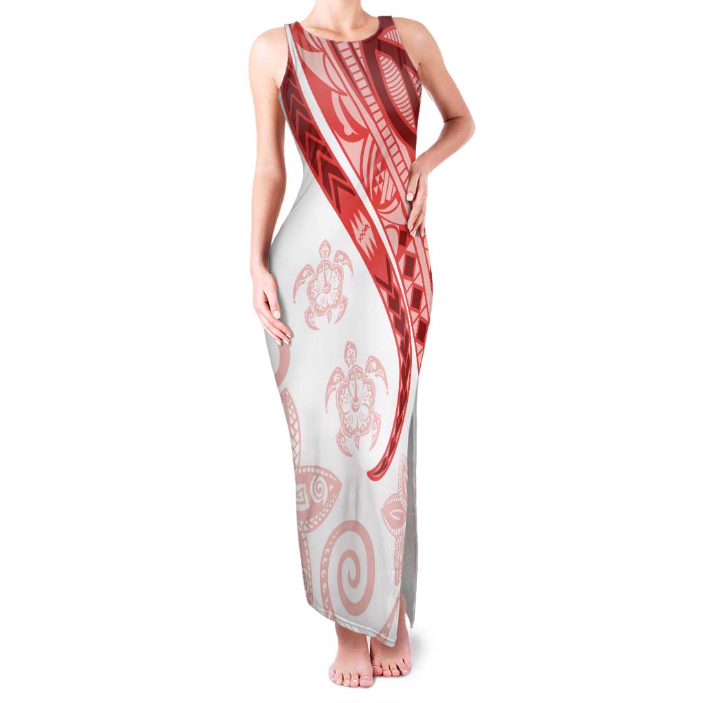 Coral Red Polynesian Tribal Turtle Floral Pattern Tank Maxi Dress LT05 Women Red - Polynesian Pride