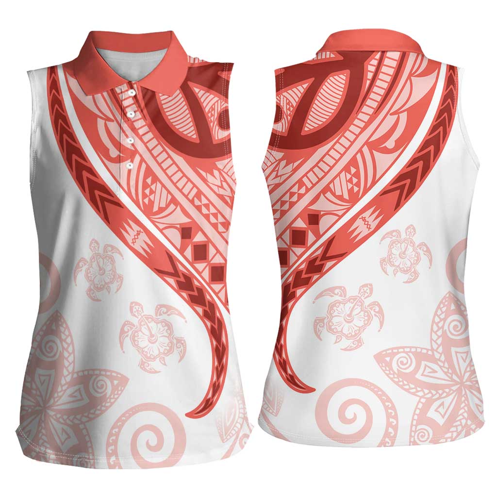 Coral Red Polynesian Tribal Turtle Floral Pattern Women Sleeveless Polo Shirt