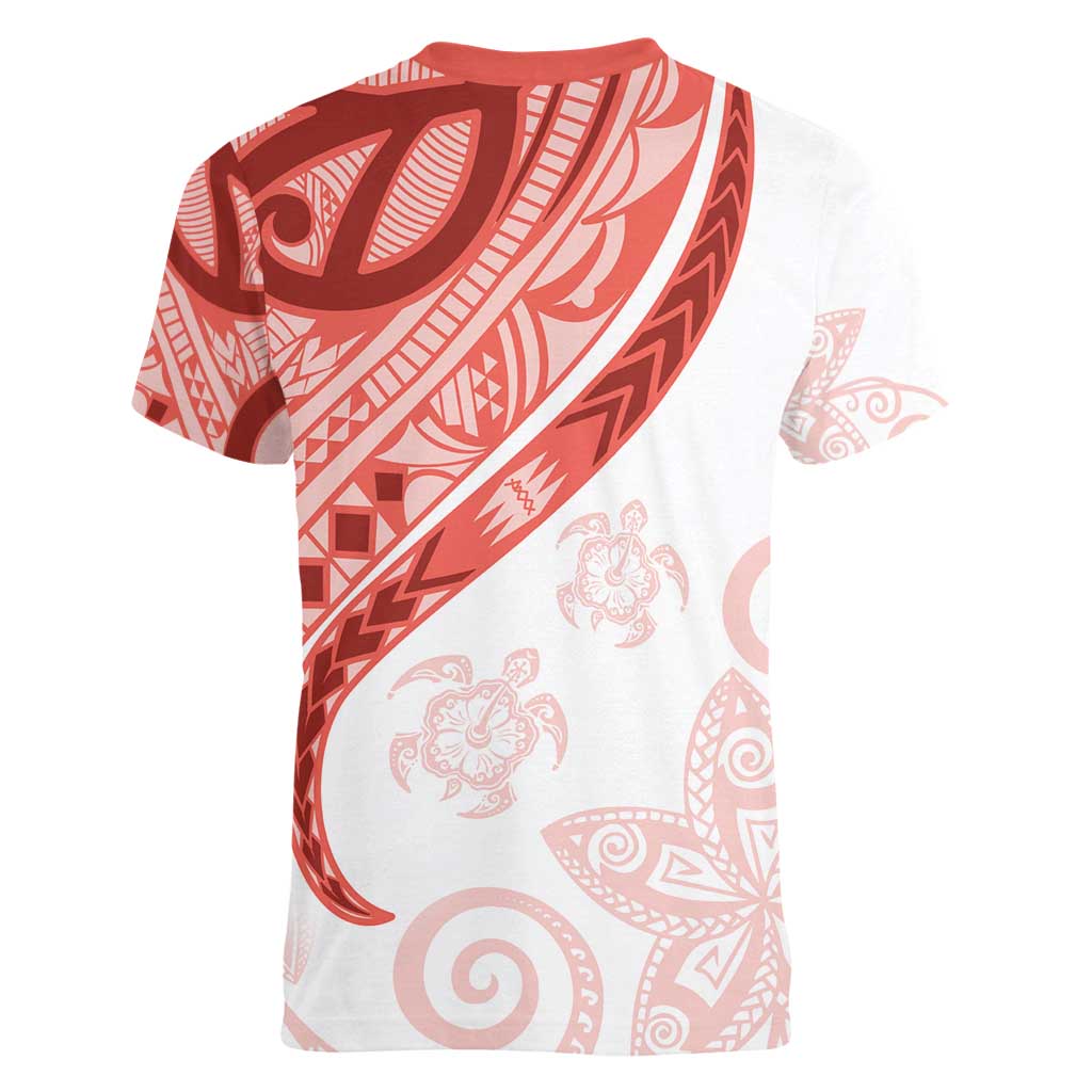 Coral Red Polynesian Tribal Turtle Floral Pattern Women V-Neck T-Shirt