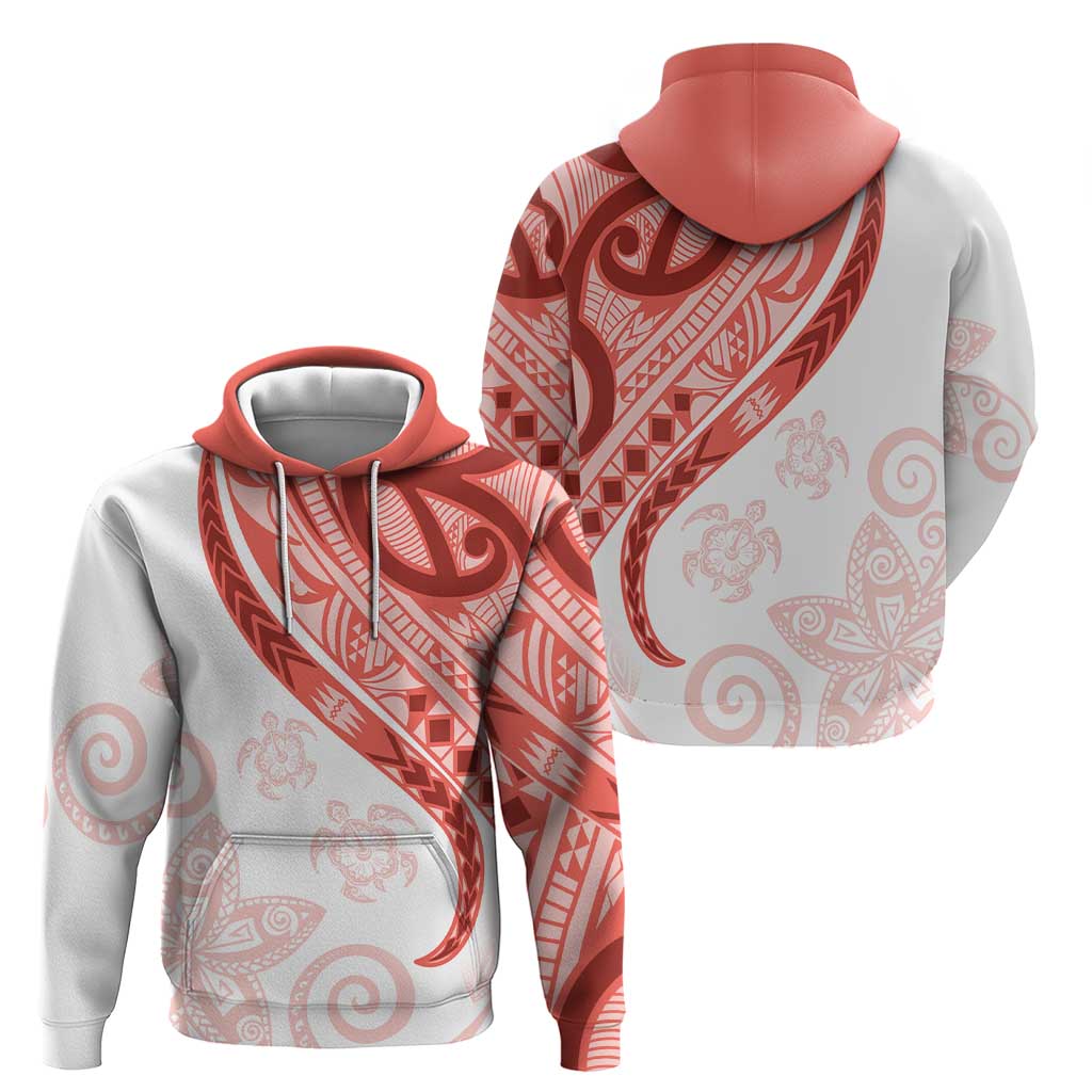 Coral Red Polynesian Tribal Turtle Floral Pattern Zip Hoodie