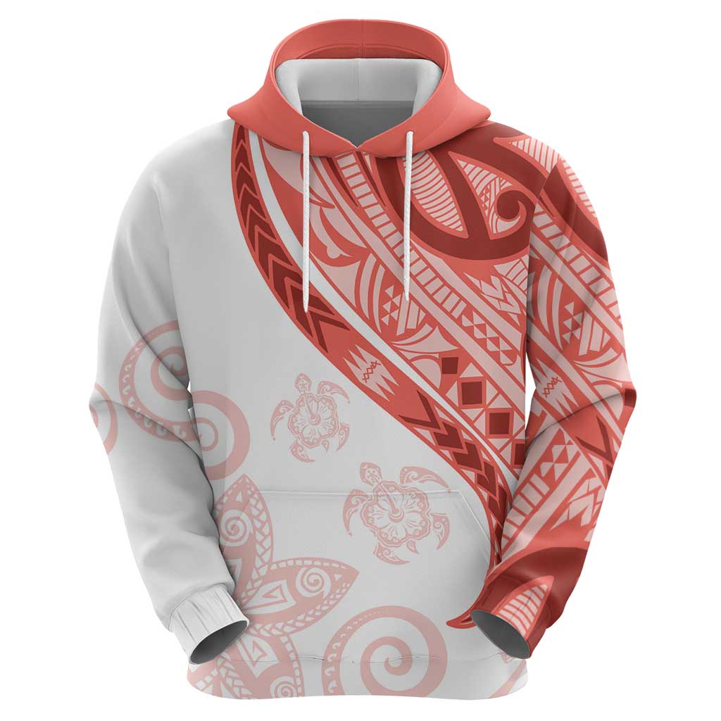 Coral Red Polynesian Tribal Turtle Floral Pattern Zip Hoodie
