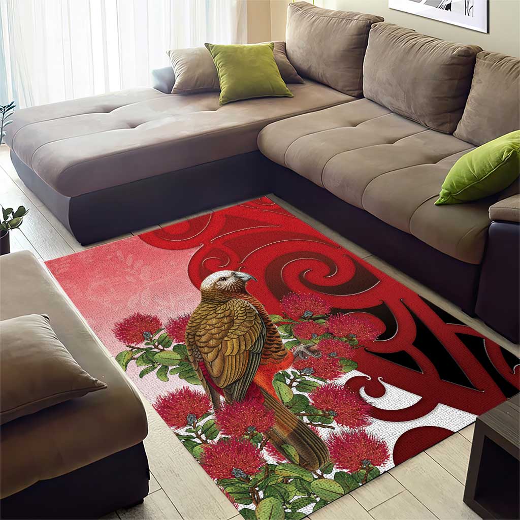 New Zealand Parrot Kaka Area Rug Maori Koru With Pohutukawa Flowers LT05 - Polynesian Pride