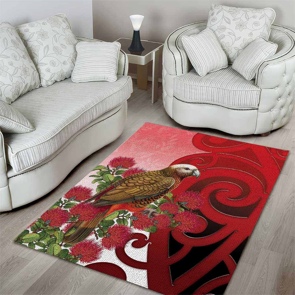 New Zealand Parrot Kaka Area Rug Maori Koru With Pohutukawa Flowers LT05 - Polynesian Pride