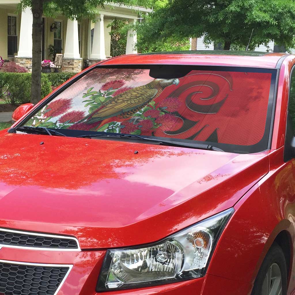 New Zealand Parrot Kaka Auto Sun Shade Maori Koru With Pohutukawa Flowers LT05 - Polynesian Pride