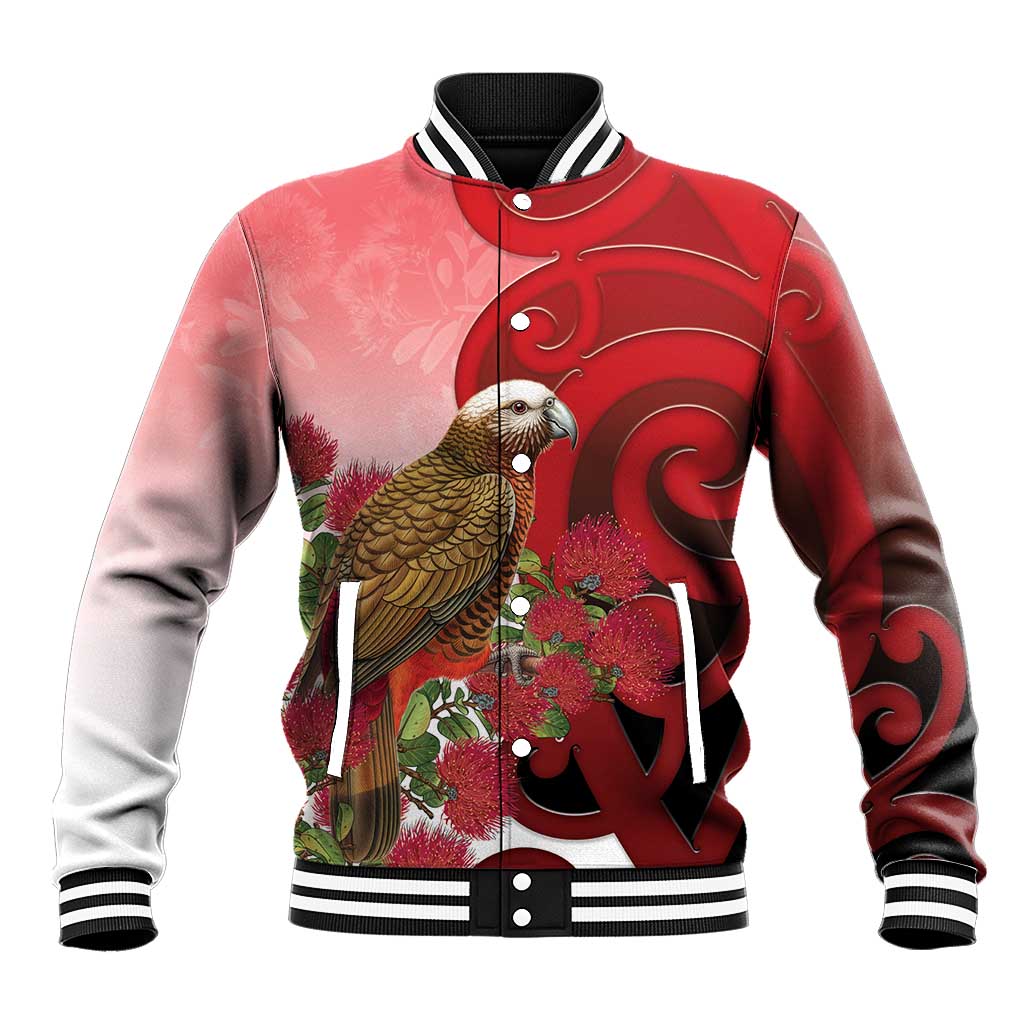 New Zealand Parrot Kaka Baseball Jacket Maori Koru With Pohutukawa Flowers - Polynesian Pride