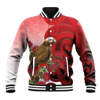 New Zealand Parrot Kaka Baseball Jacket Maori Koru With Pohutukawa Flowers - Polynesian Pride
